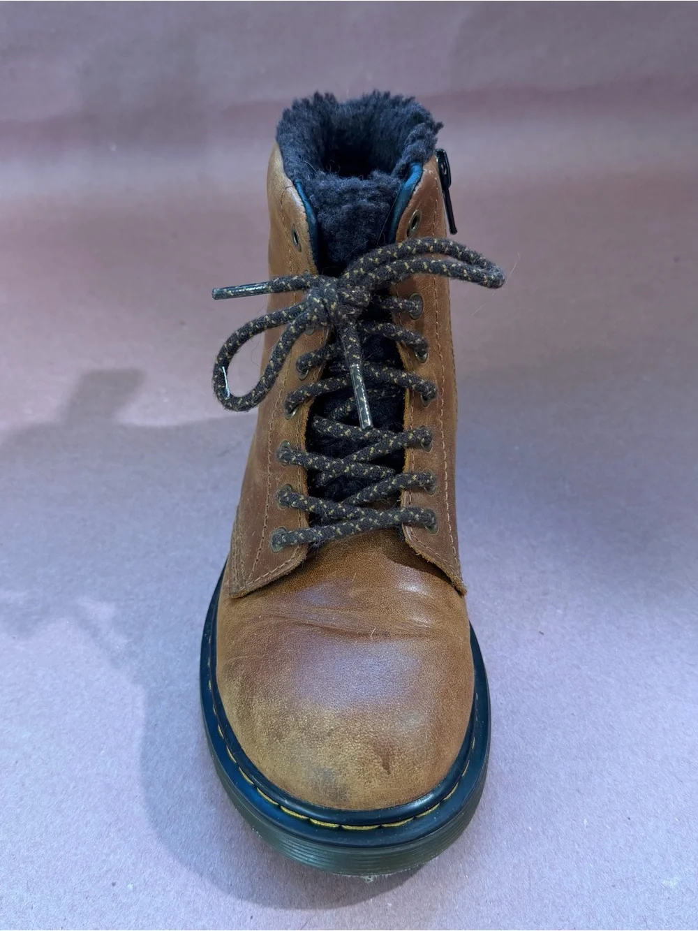 Dr. Martens 1460 Serena Brown Leather Lace-Up Faux Fur-Lined Boots Kids Size 1